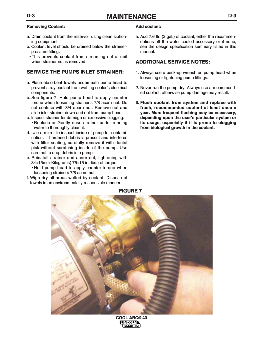 Lincoln Electric IM670-A manual Maintenance, Removing Coolant, Add coolant, Cool Arc 