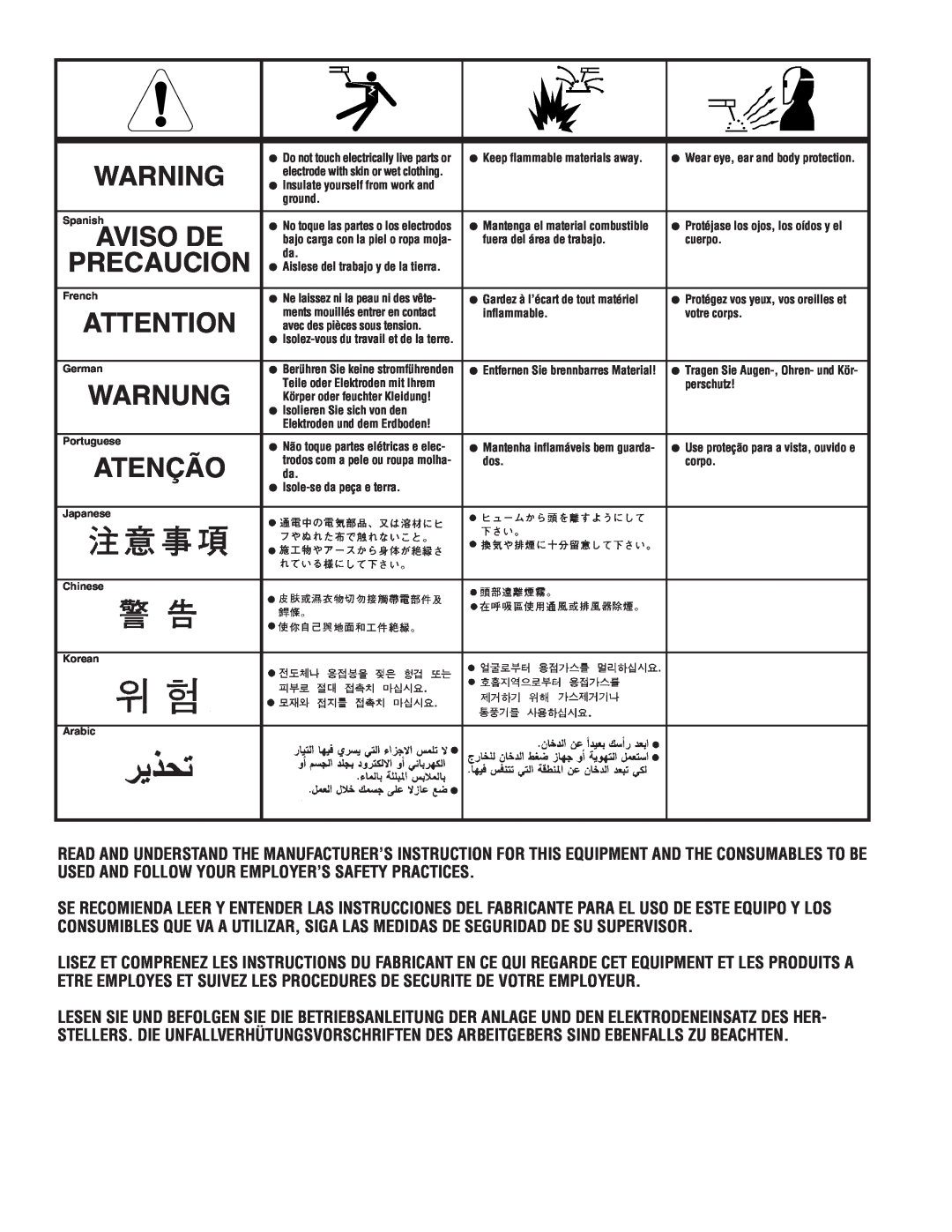 Lincoln Electric IM670-A manual Aviso De, Precaucion, Warnung, Atenção 