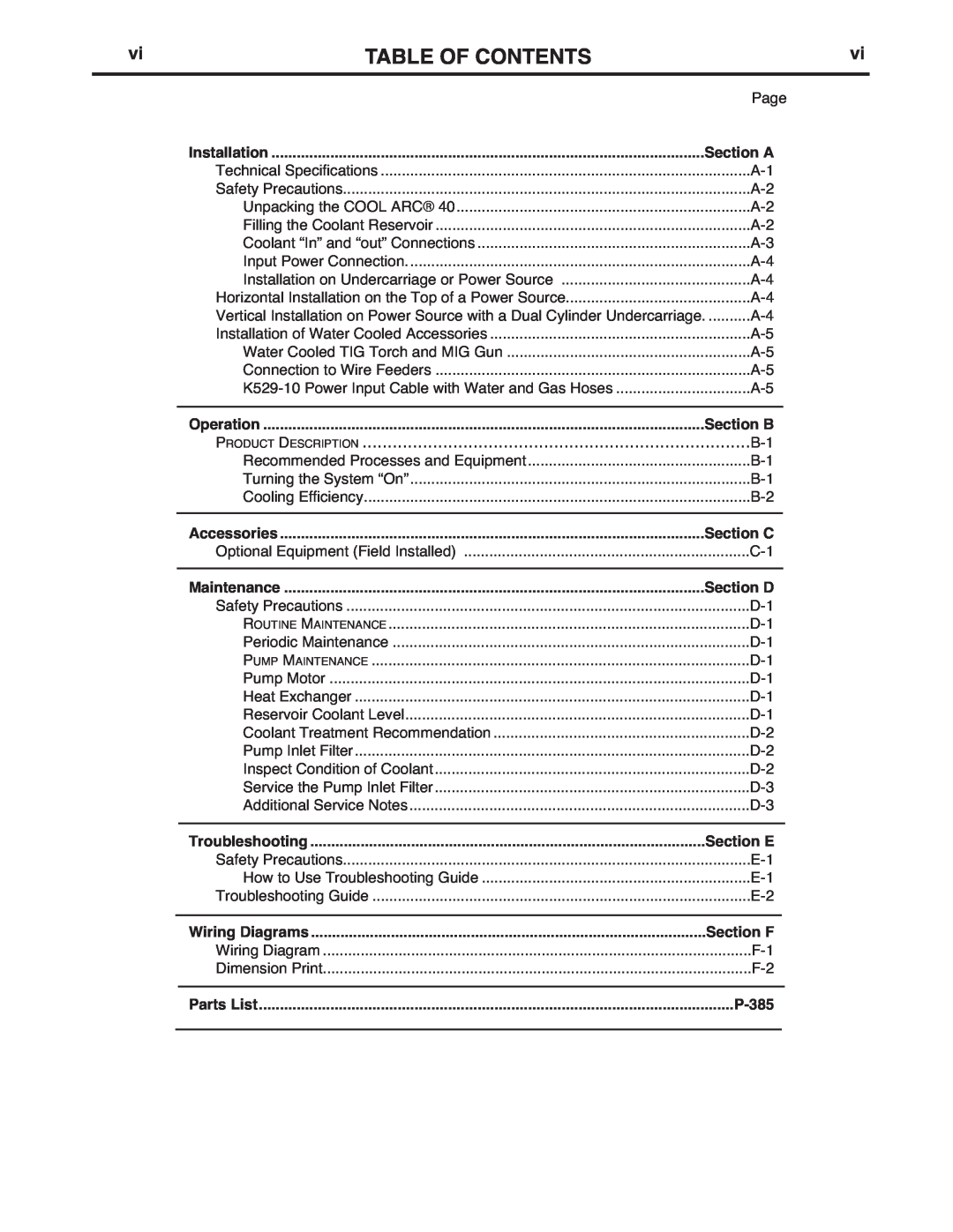Lincoln Electric IM670-A manual Table Of Contents, Product Description, Section E, Section F, P-385 