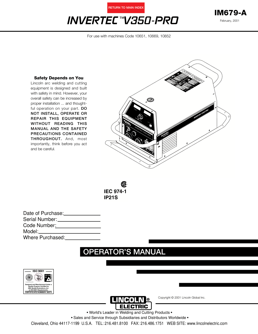 Lincoln Electric IM679-A manual Invertec V350-PRO 