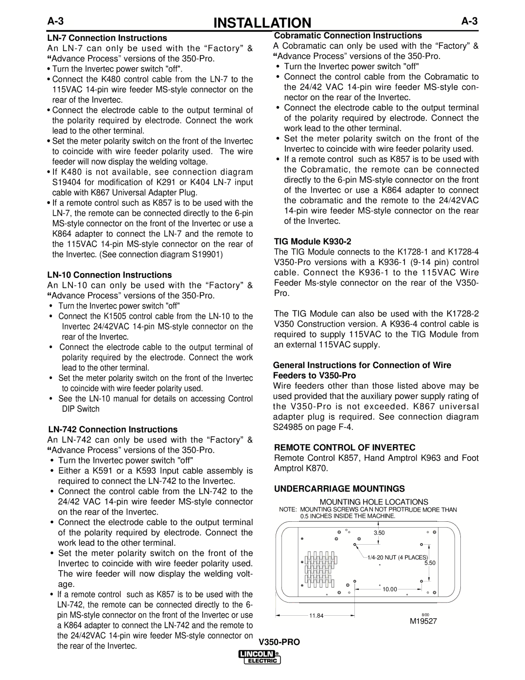 Lincoln Electric IM679-A manual Remote Control of Invertec, Undercarriage Mountings 