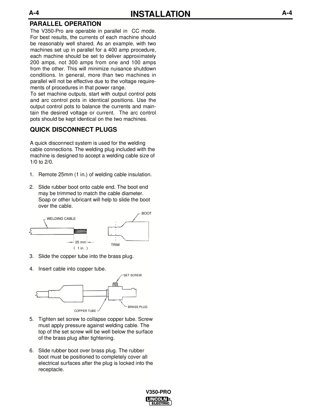 Lincoln Electric IM679-A manual Parallel Operation, Quick Disconnect Plugs 