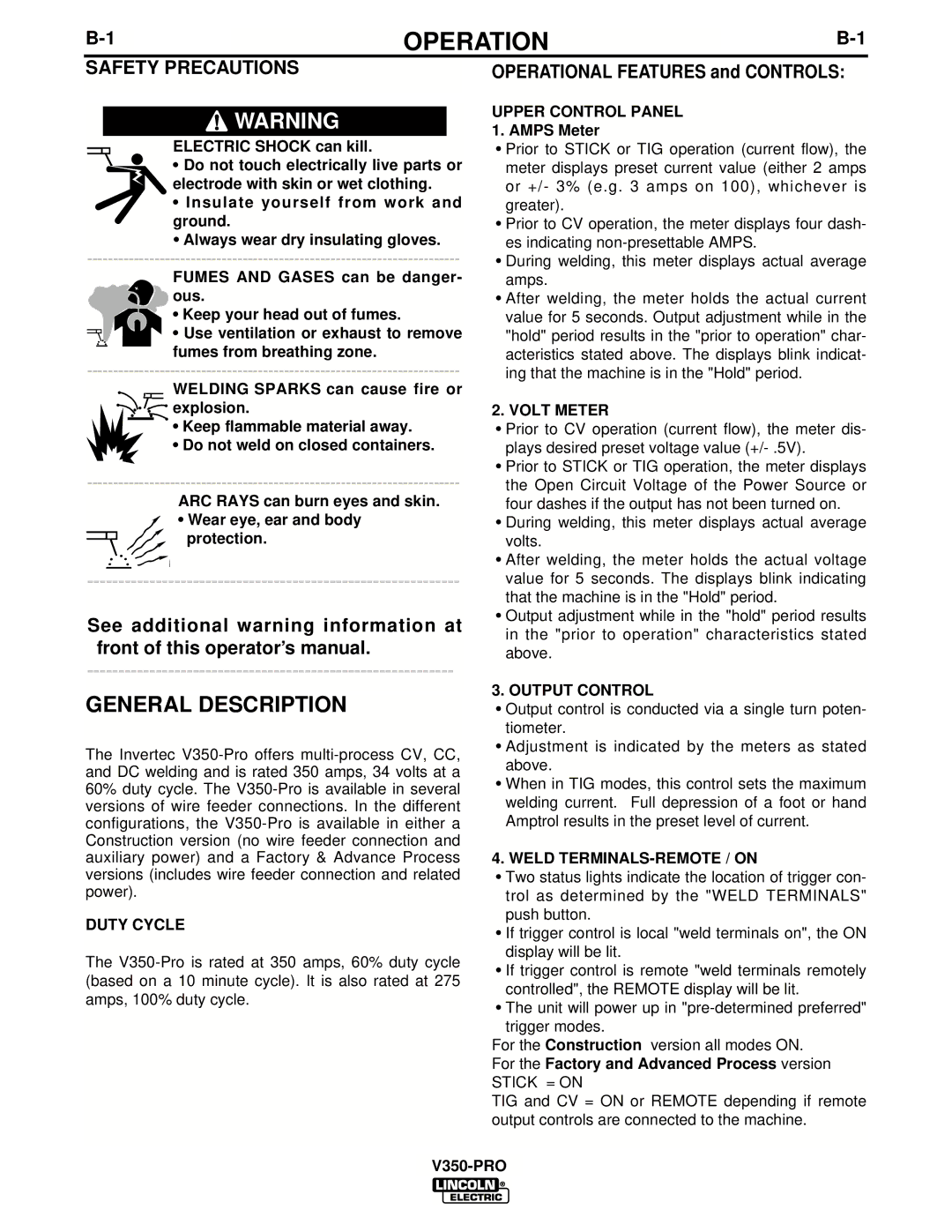 Lincoln Electric IM679-A manual Operation, Duty Cycle, Volt Meter, Output Control, Weld TERMINALS-REMOTE / on 