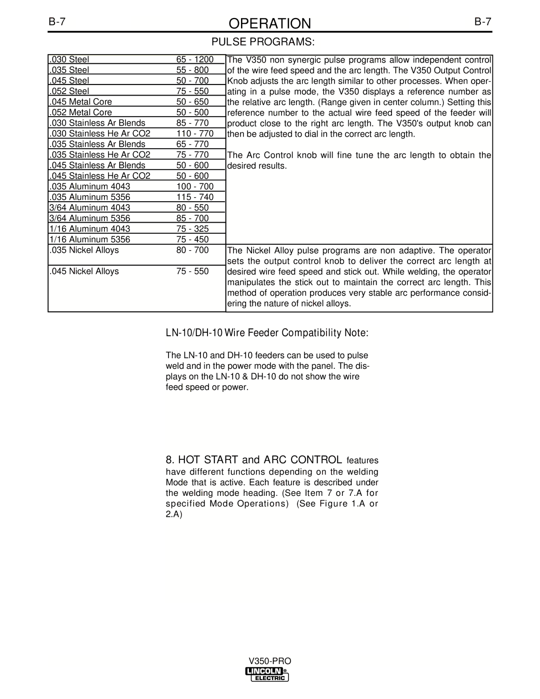 Lincoln Electric IM679-A manual Pulse Programs, LN-10/DH-10 Wire Feeder Compatibility Note 