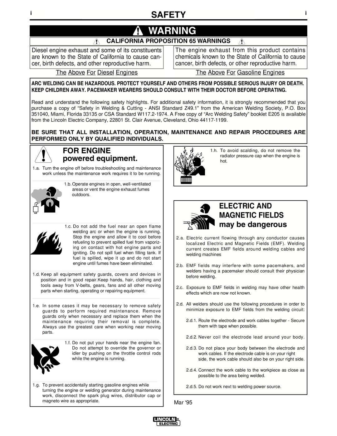 Lincoln Electric IM679-A manual Safety, California Proposition 65 Warnings 