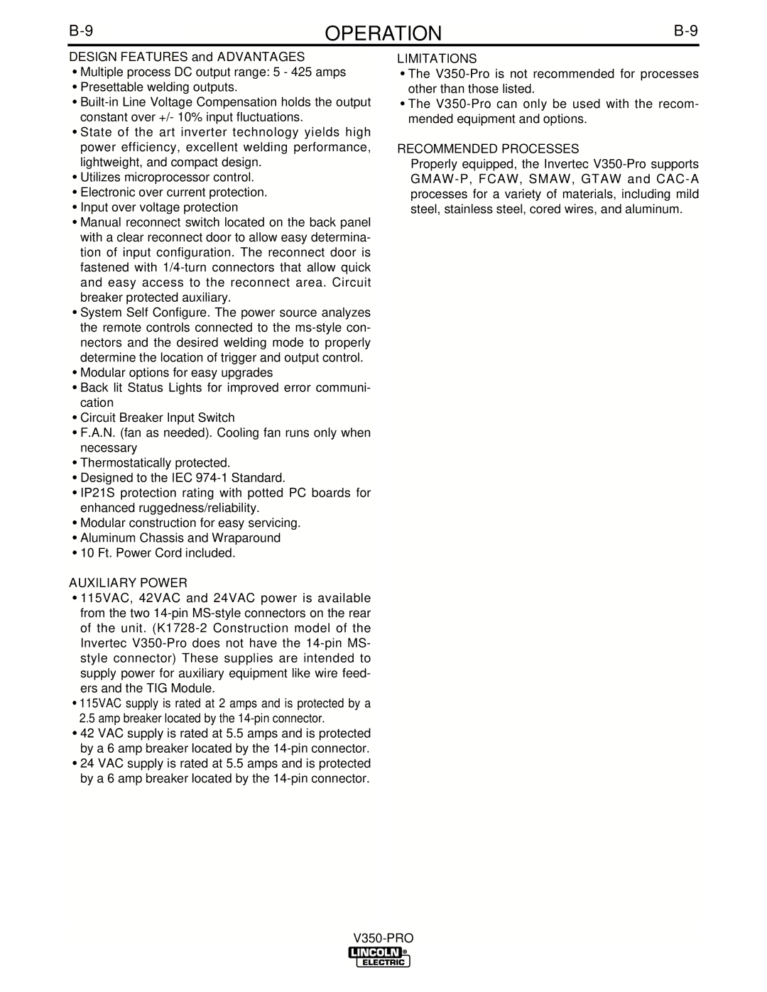 Lincoln Electric IM679-A manual Design Features and Advantages, Auxiliary Power, Limitations, Recommended Processes 