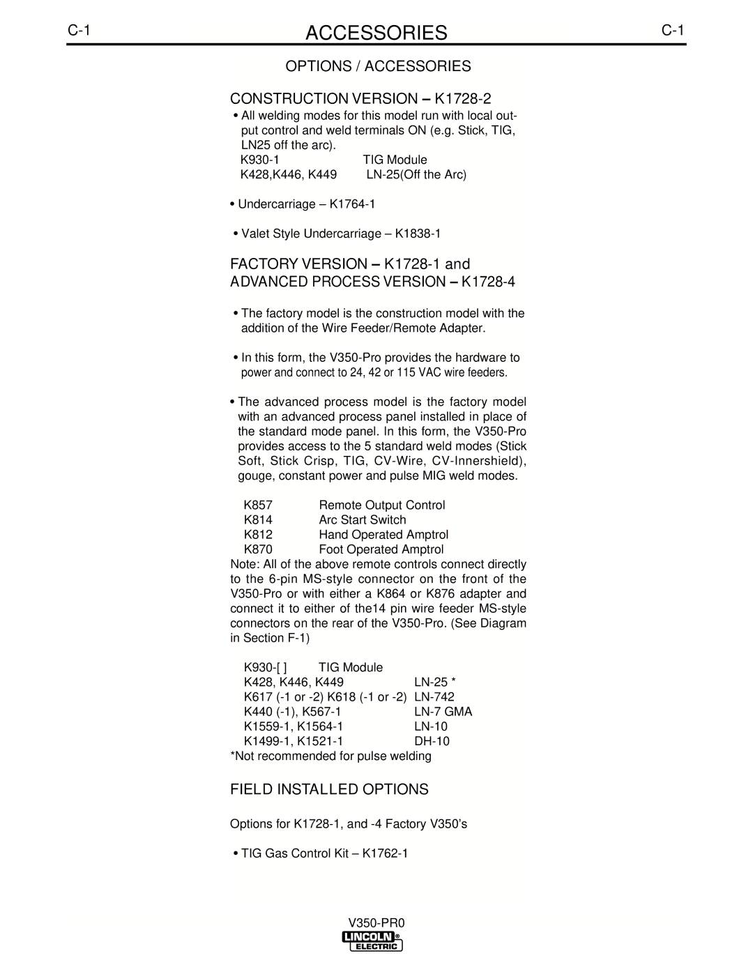 Lincoln Electric IM679-A manual Options / Accessories Construction Version K1728-2, Advanced Process Version K1728-4 