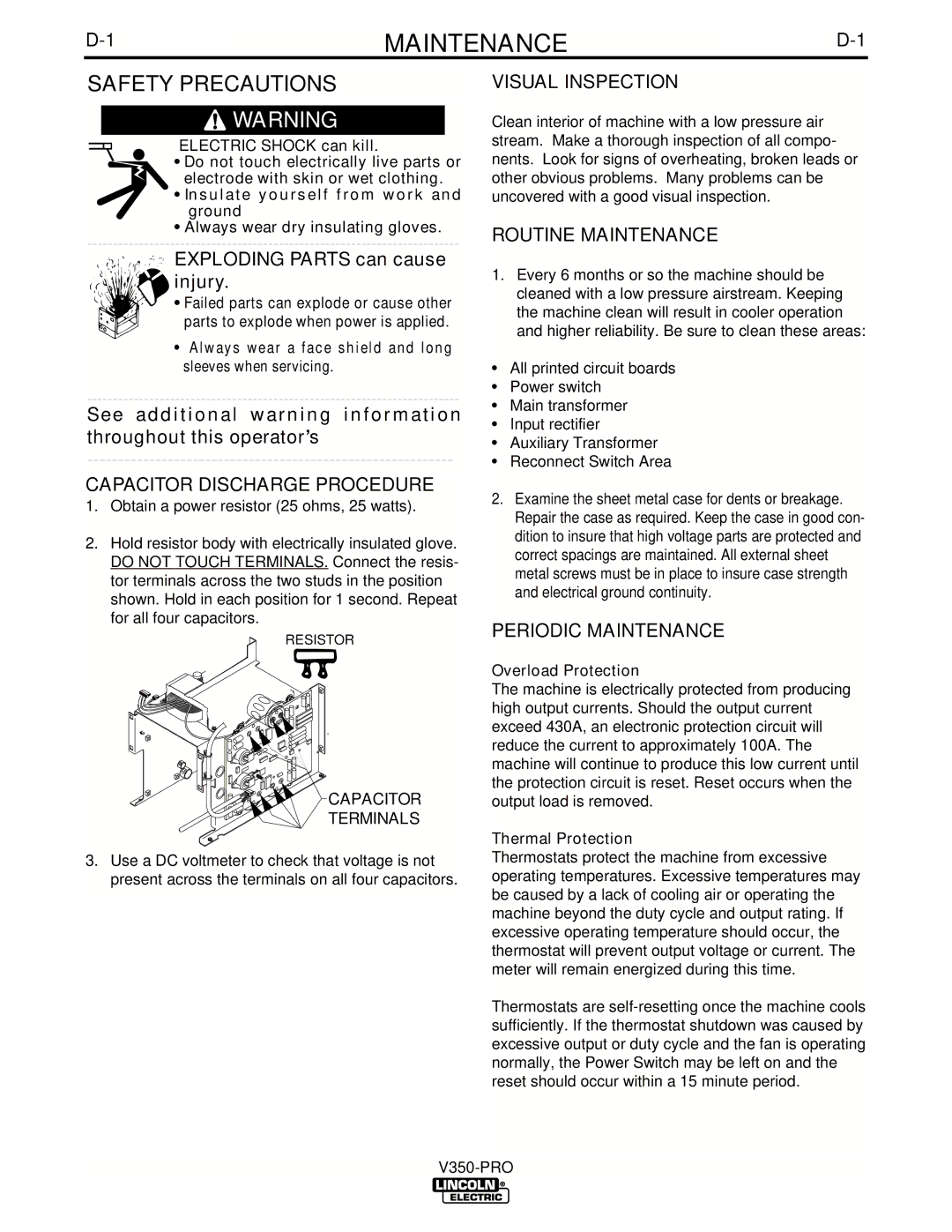 Lincoln Electric IM679-A Capacitor Discharge Procedure, Visual Inspection, Routine Maintenance, Periodic Maintenance 