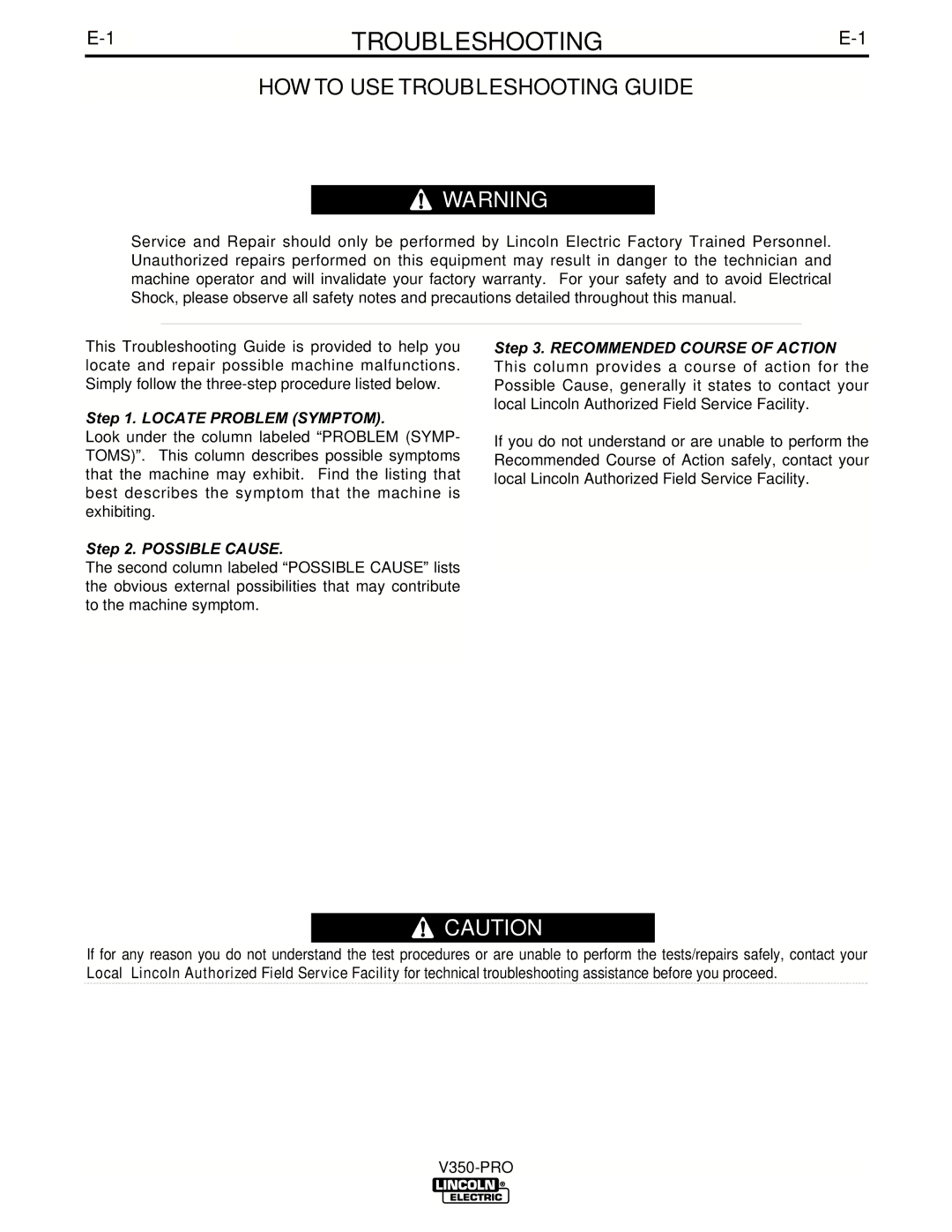 Lincoln Electric IM679-A manual HOW to USE Troubleshooting Guide 