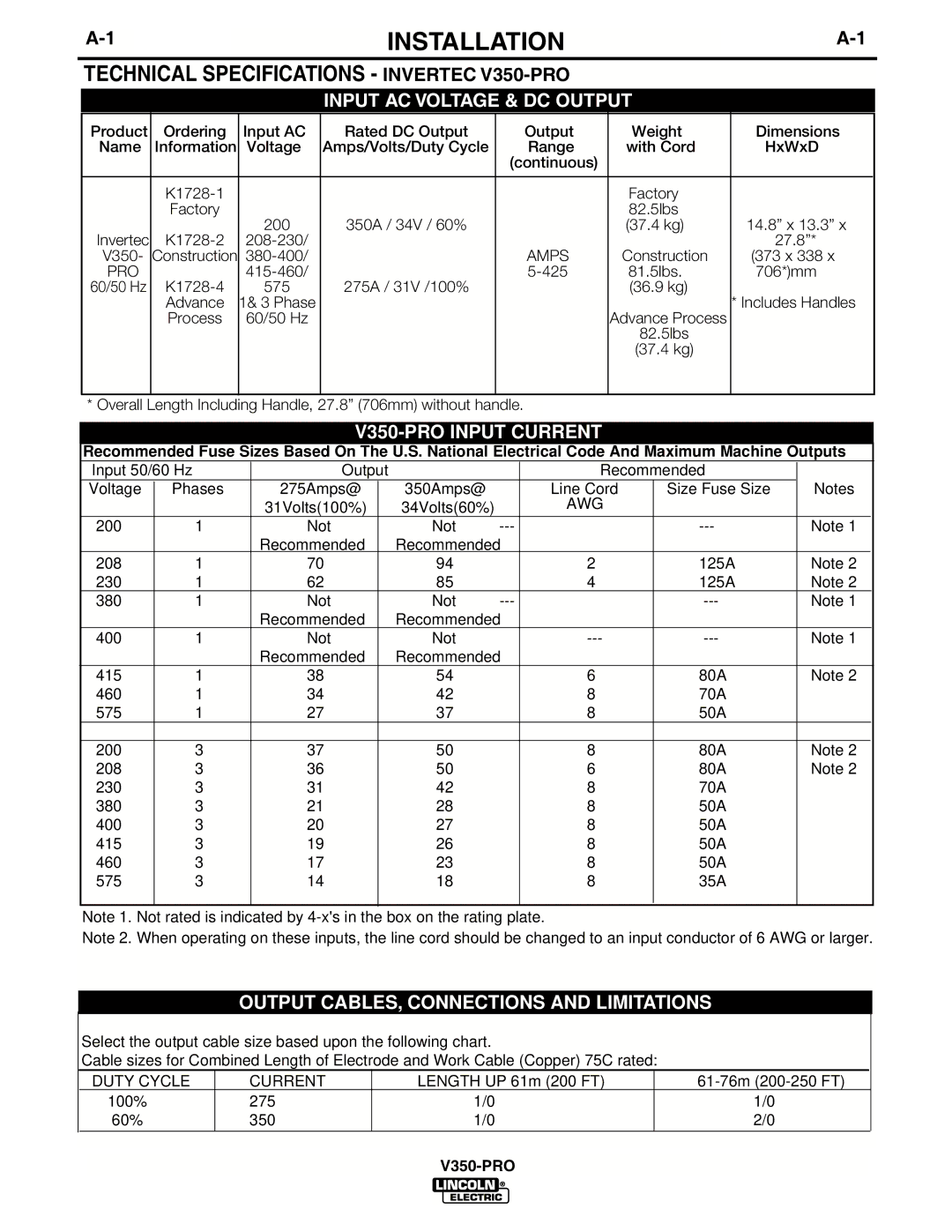 Lincoln Electric IM679-A manual Installation, V350-PRO 