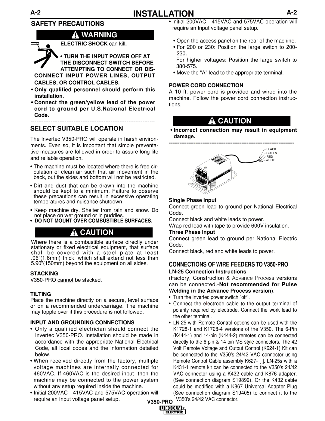 Lincoln Electric IM679-A manual Safety Precautions, Select Suitable Location, Connections of Wire Feeders to V350-PRO 