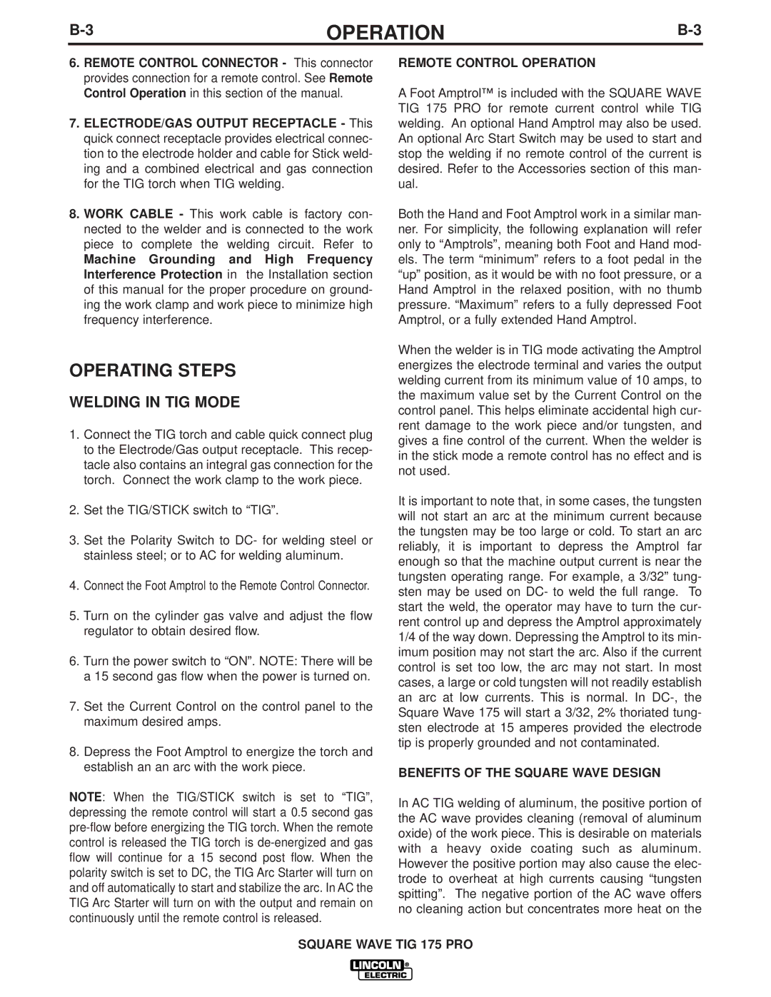 Lincoln Electric IM687 Operating Steps, Welding in TIG Mode, Remote Control Operation, Benefits of the Square Wave Design 