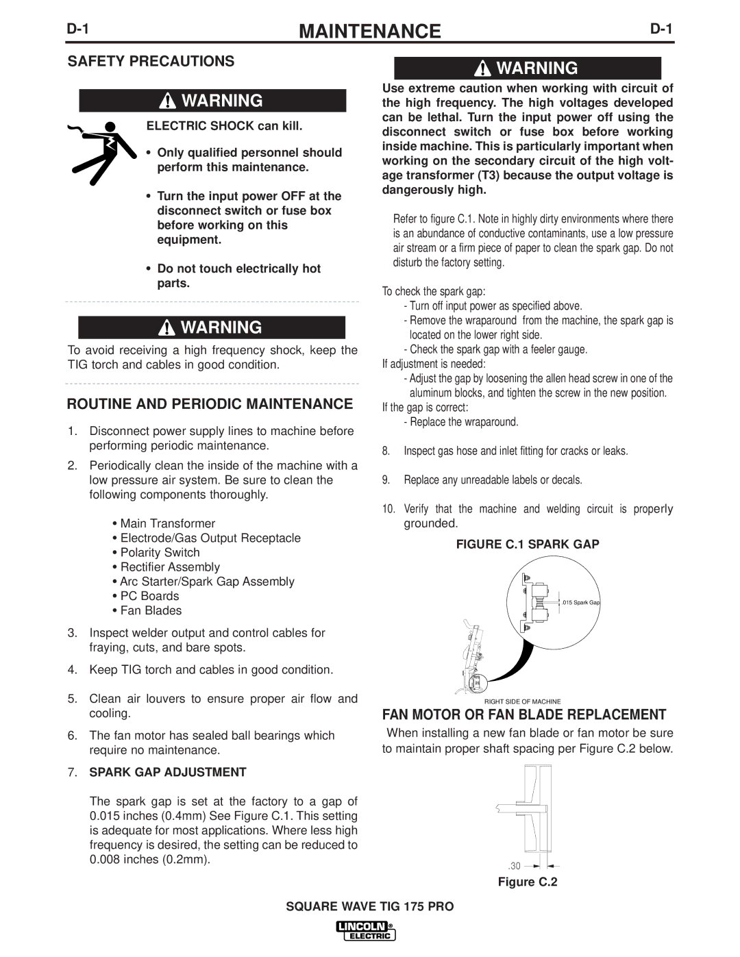 Lincoln Electric IM687 manual Safety Precautions, Routine and Periodic Maintenance, FAN Motor or FAN Blade Replacement 