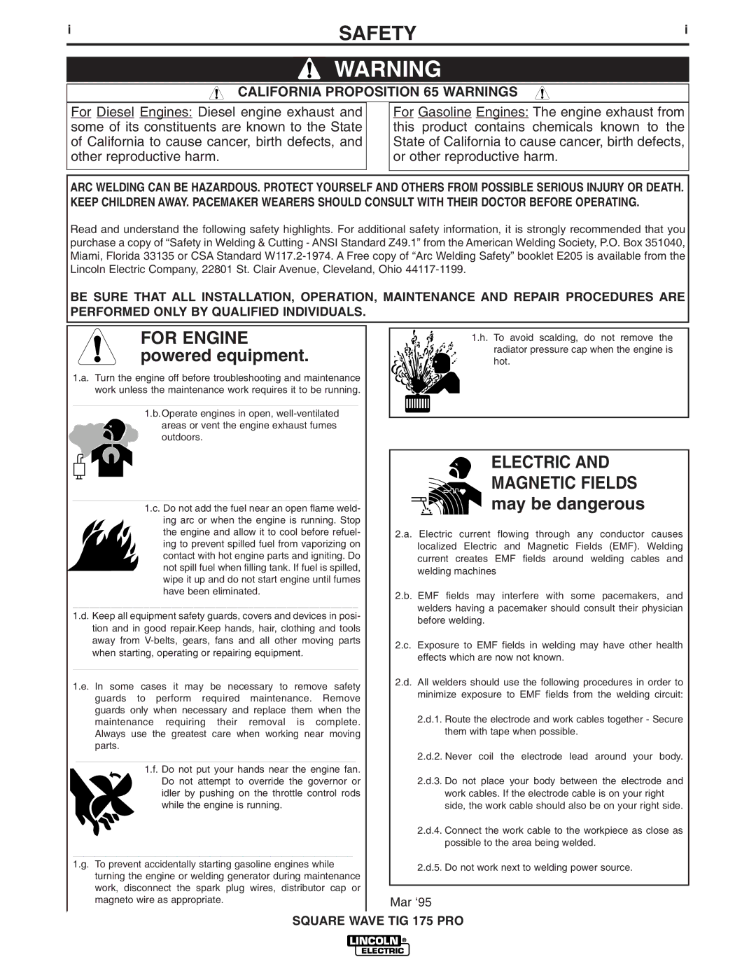 Lincoln Electric IM687 manual Safety, Square Wave TIG 175 PRO 
