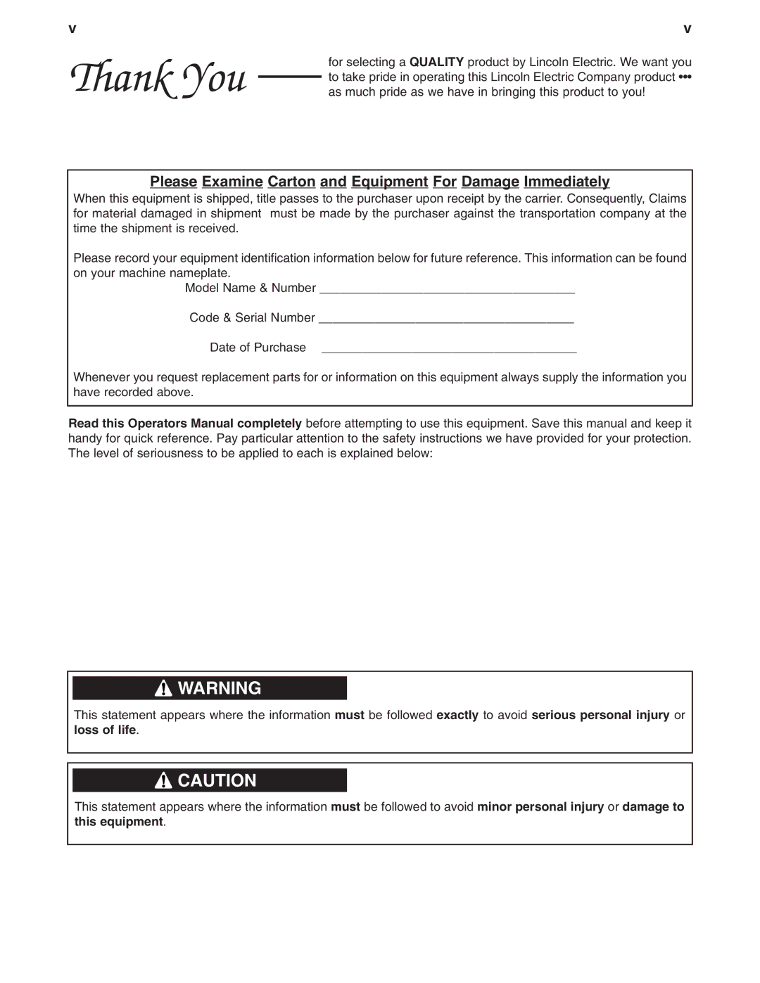 Lincoln Electric IM687 manual Thank You 