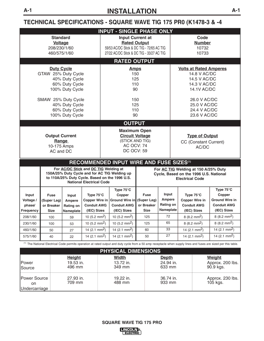 Lincoln Electric IM687 manual Installation, Technical Specifications Square Wave TIG 175 PR0 K1478-3 