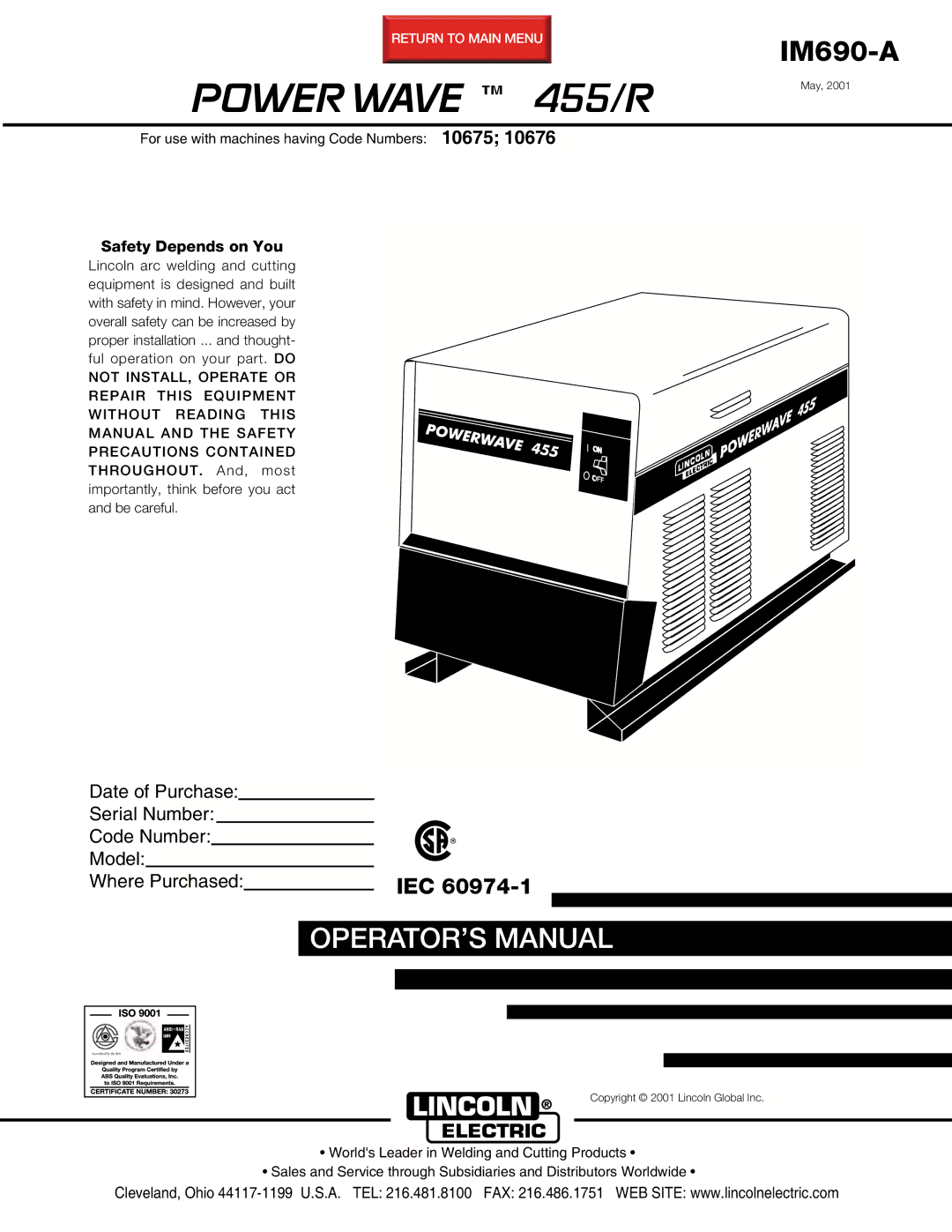 Lincoln Electric IM690-A manual Power Wave 455/R 