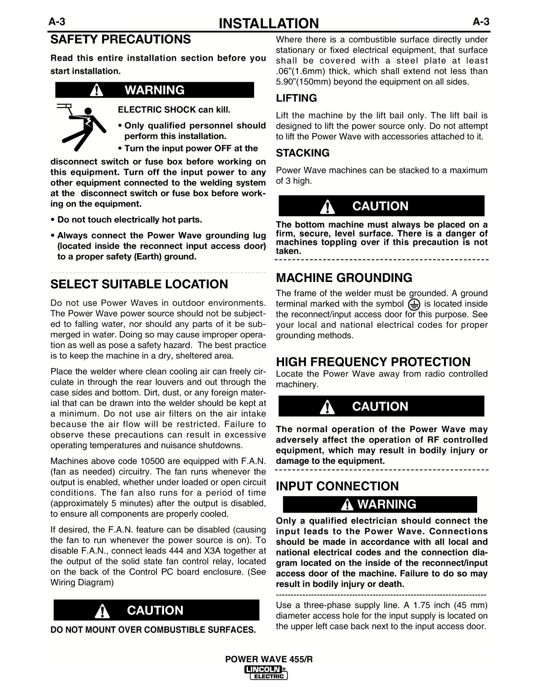 Lincoln Electric IM690-A manual Machine Grounding, High Frequency Protection, Input Connection, Lifting, Stacking 