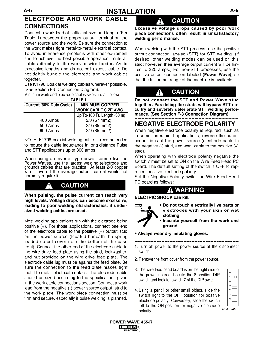 Lincoln Electric IM690-A manual Electrode and Work Cable Connections, Negative Electrode Polarity 