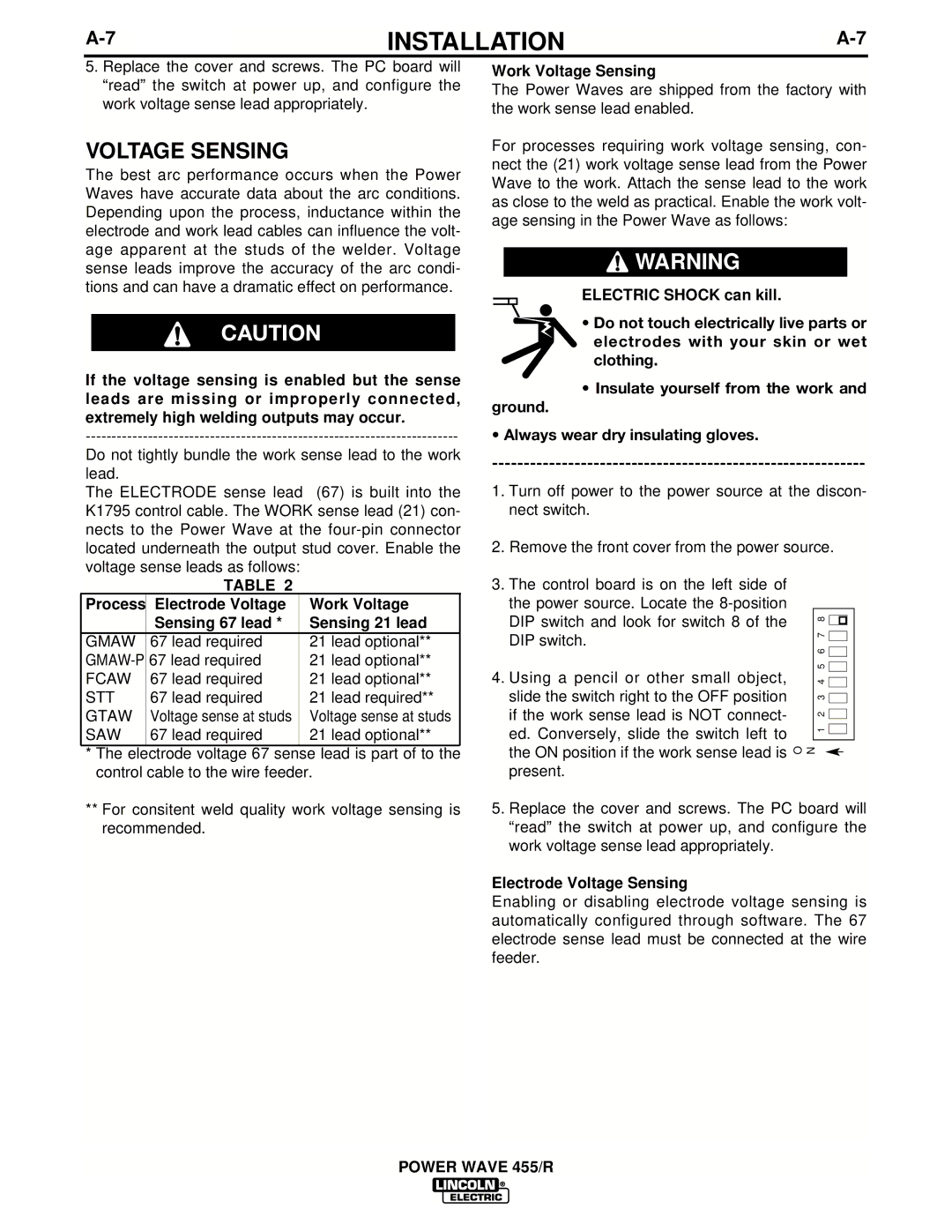 Lincoln Electric IM690-A manual Work Voltage Sensing, Electrode Voltage Sensing 