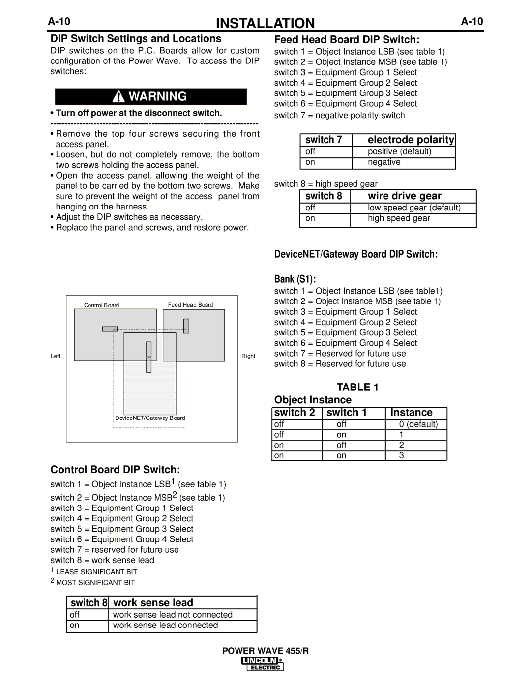 Lincoln Electric IM690-A manual DIP Switch Settings and Locations, Turn off power at the disconnect switch 