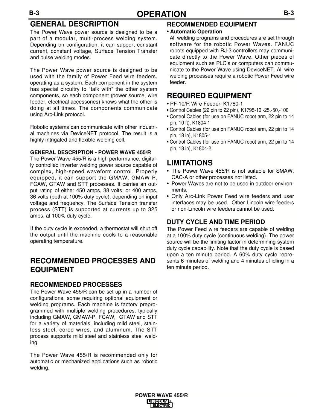 Lincoln Electric IM690-A manual General Description, Recommended Processes and Equipment, Required Equipment, Limitations 