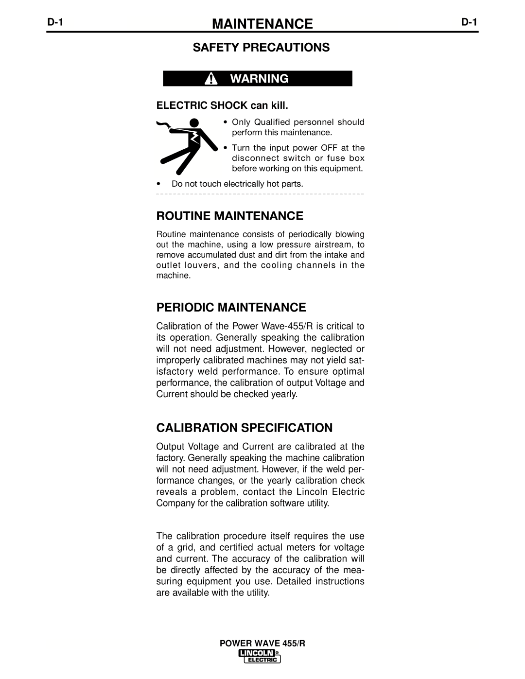 Lincoln Electric IM690-A manual Periodic Maintenance, Calibration Specification 