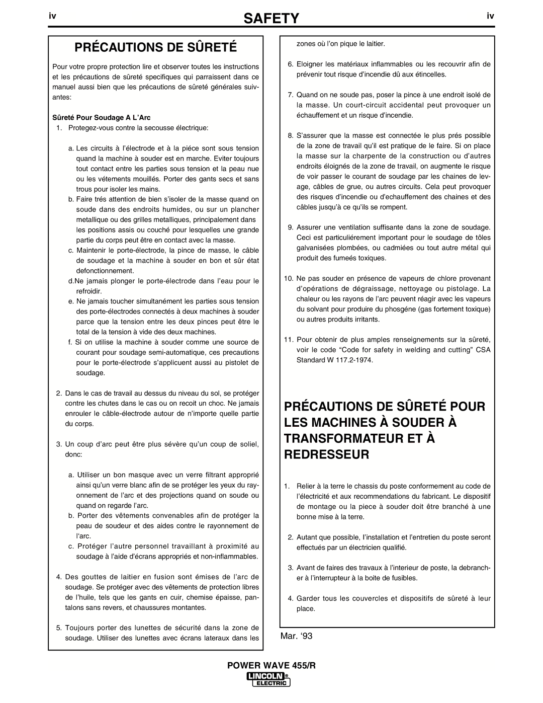 Lincoln Electric IM690-A manual Précautions DE Sûreté, Sûreté Pour Soudage a L’Arc 