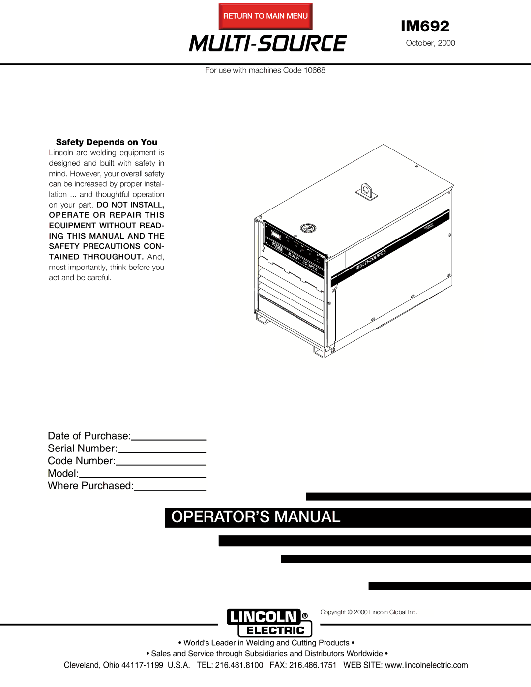 Lincoln Electric IM692 manual Multi-Source 