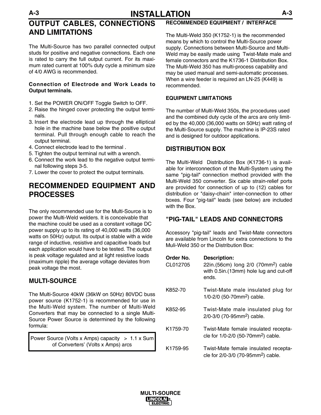 Lincoln Electric IM692 manual Output CABLES, Connections and Limitations, Recommended Equipment and Processes 