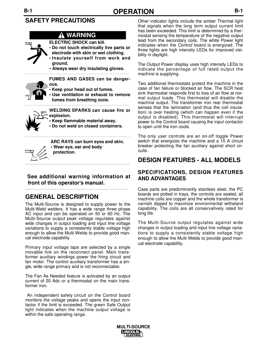 Lincoln Electric IM692 manual Operation, Safety Precautions, General Description, Design Features ALL Models 