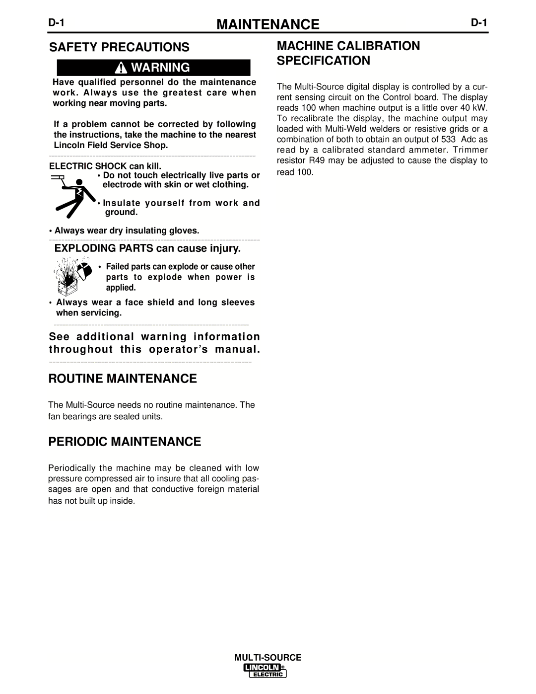 Lincoln Electric IM692 manual Routine Maintenance, Periodic Maintenance, Machine Calibration Specification 