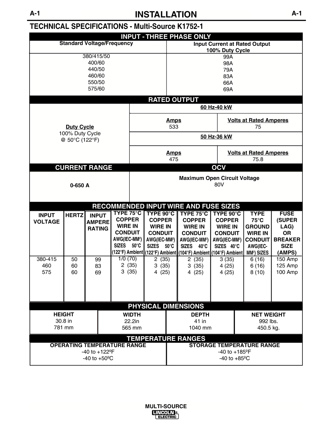 Lincoln Electric IM692 manual Installation, Technical Specifications Multi-Source K1752-1 