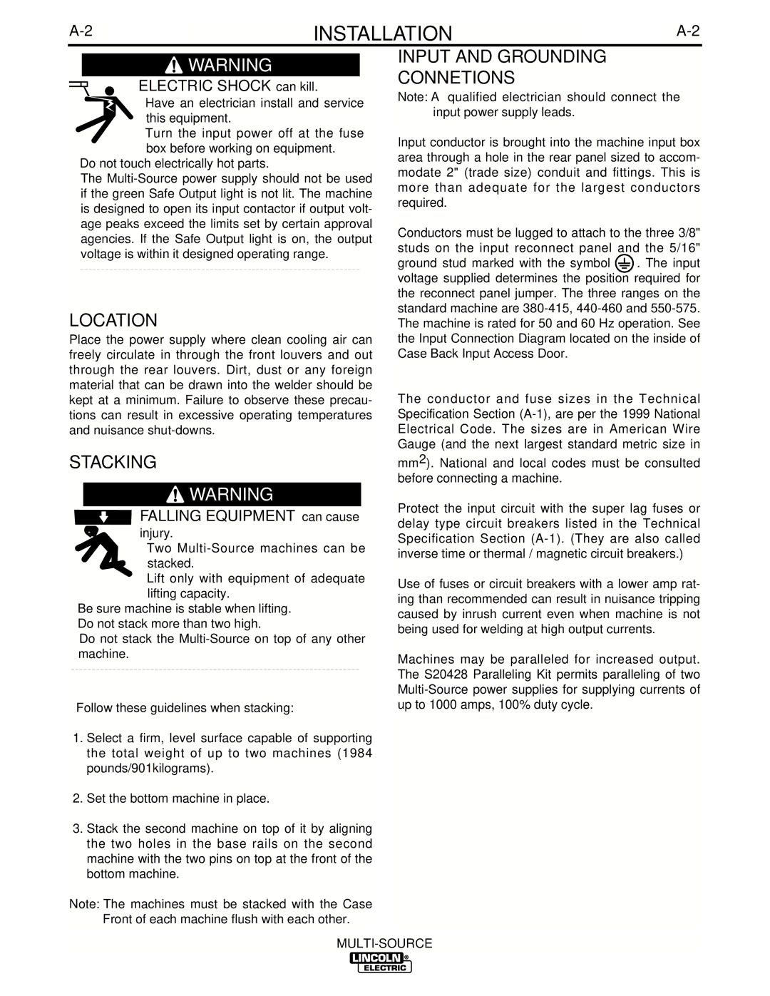 Lincoln Electric IM692 manual Location, Stacking, Input and Grounding Connetions 