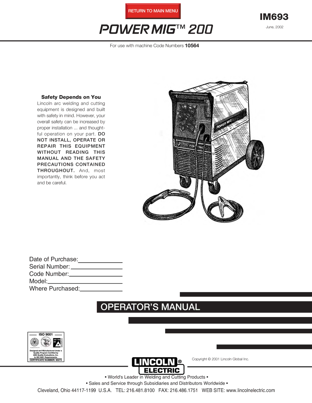 Lincoln Electric IM693 manual Power MIG 