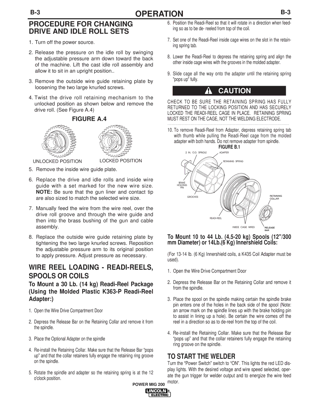 Lincoln Electric IM693 Procedure for Changing Drive and Idle Roll Sets, Wire Reel Loading READI-REELS, Spools or Coils 