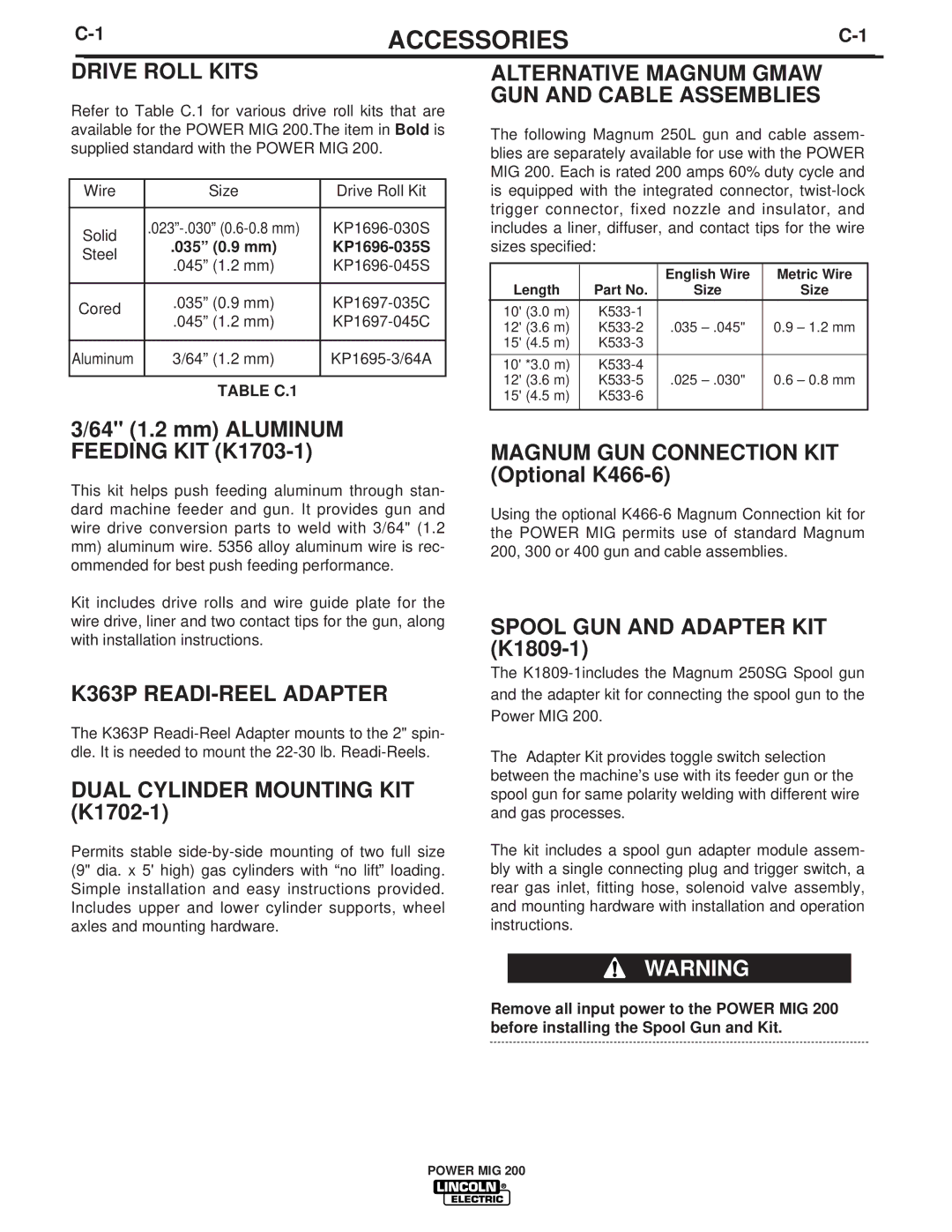 Lincoln Electric IM693 manual Accessories, Drive Roll Kits, K363P READI-REEL Adapter, Dual Cylinder Mounting KIT K1702-1 