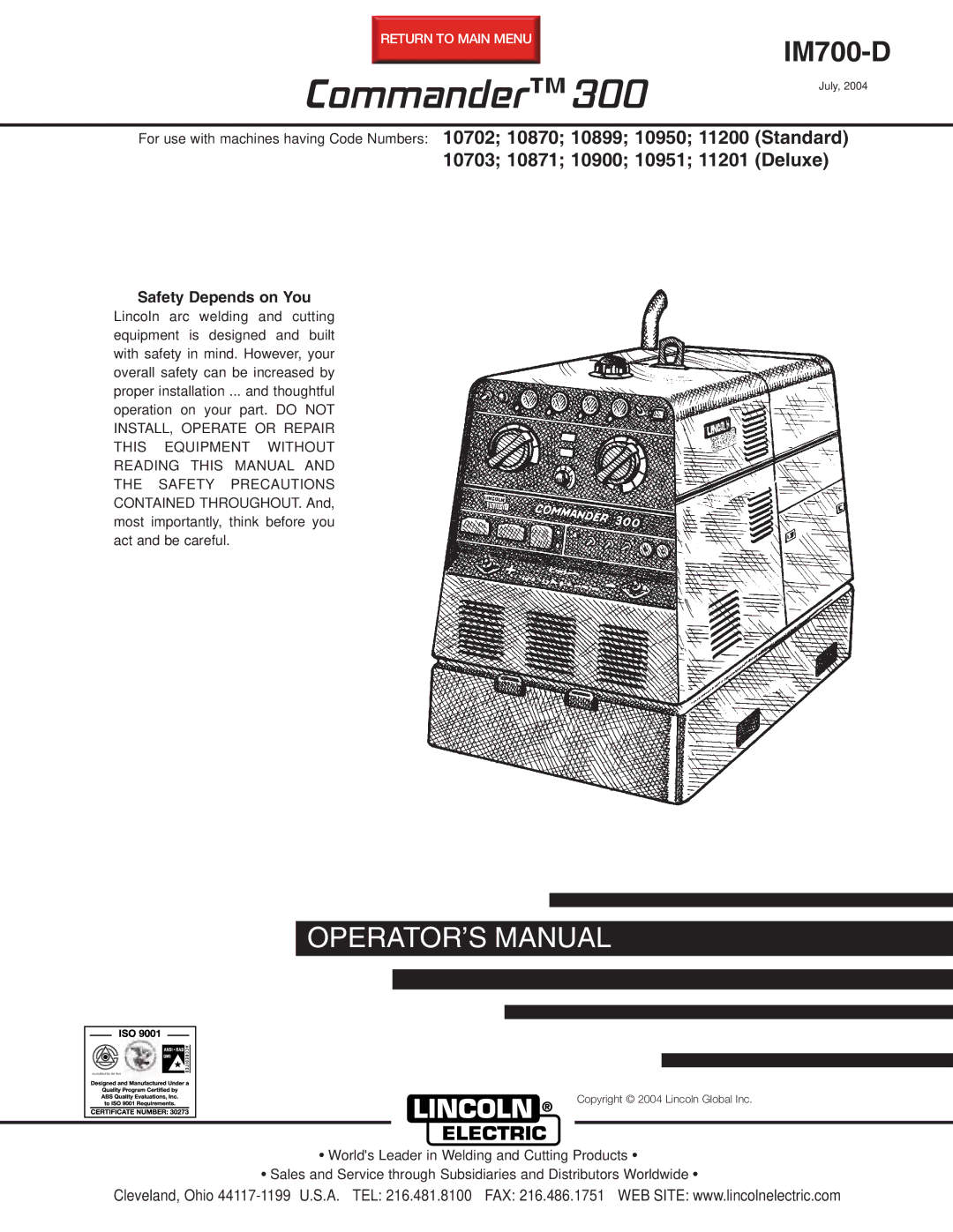 Lincoln Electric IM700-D manual Commander, Safety Depends on You 