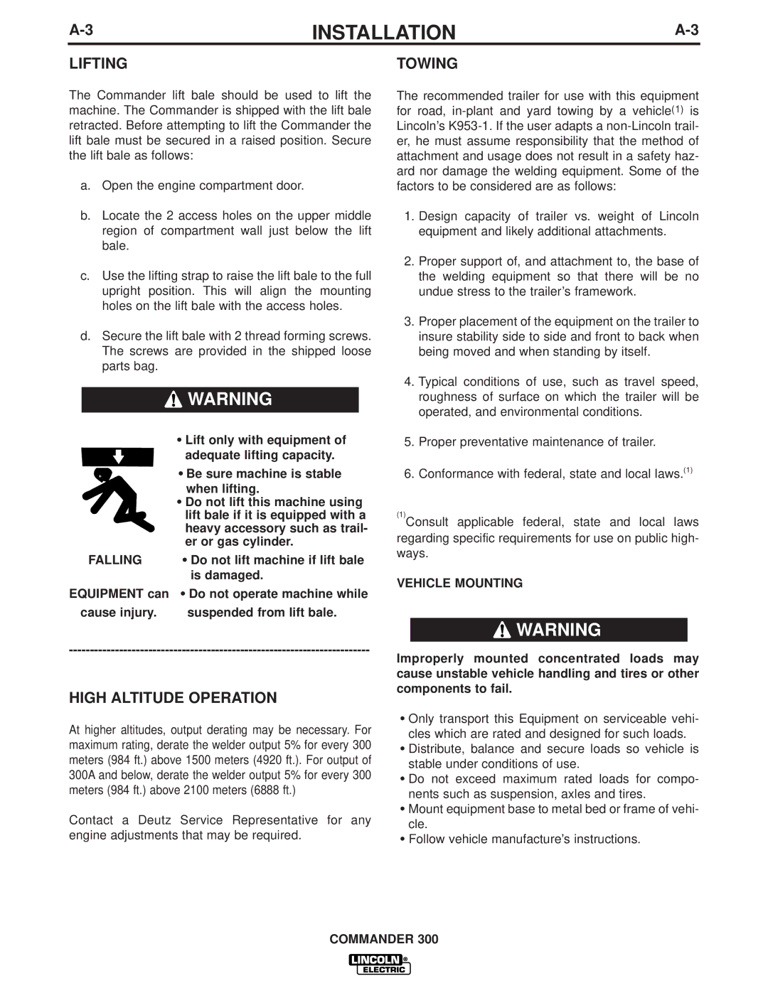 Lincoln Electric IM700-D manual Lifting, High Altitude Operation, Towing, Vehicle Mounting 