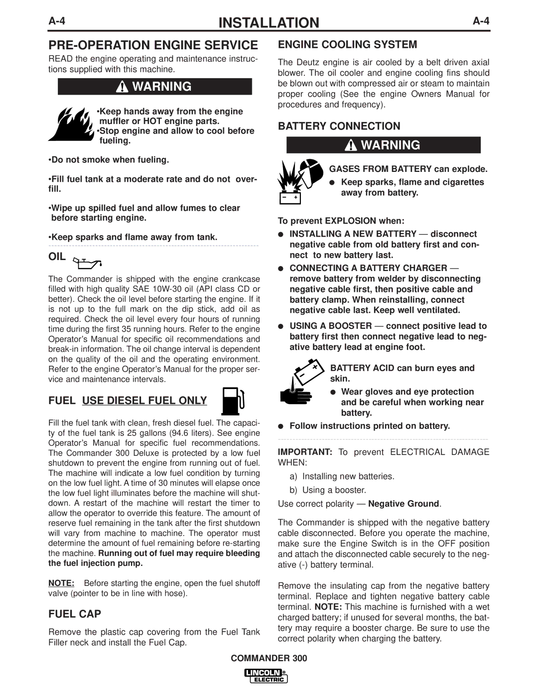 Lincoln Electric IM700-D manual PRE-OPERATION Engine Service, Oil, Fuel USE Diesel Fuel only, Fuel CAP 