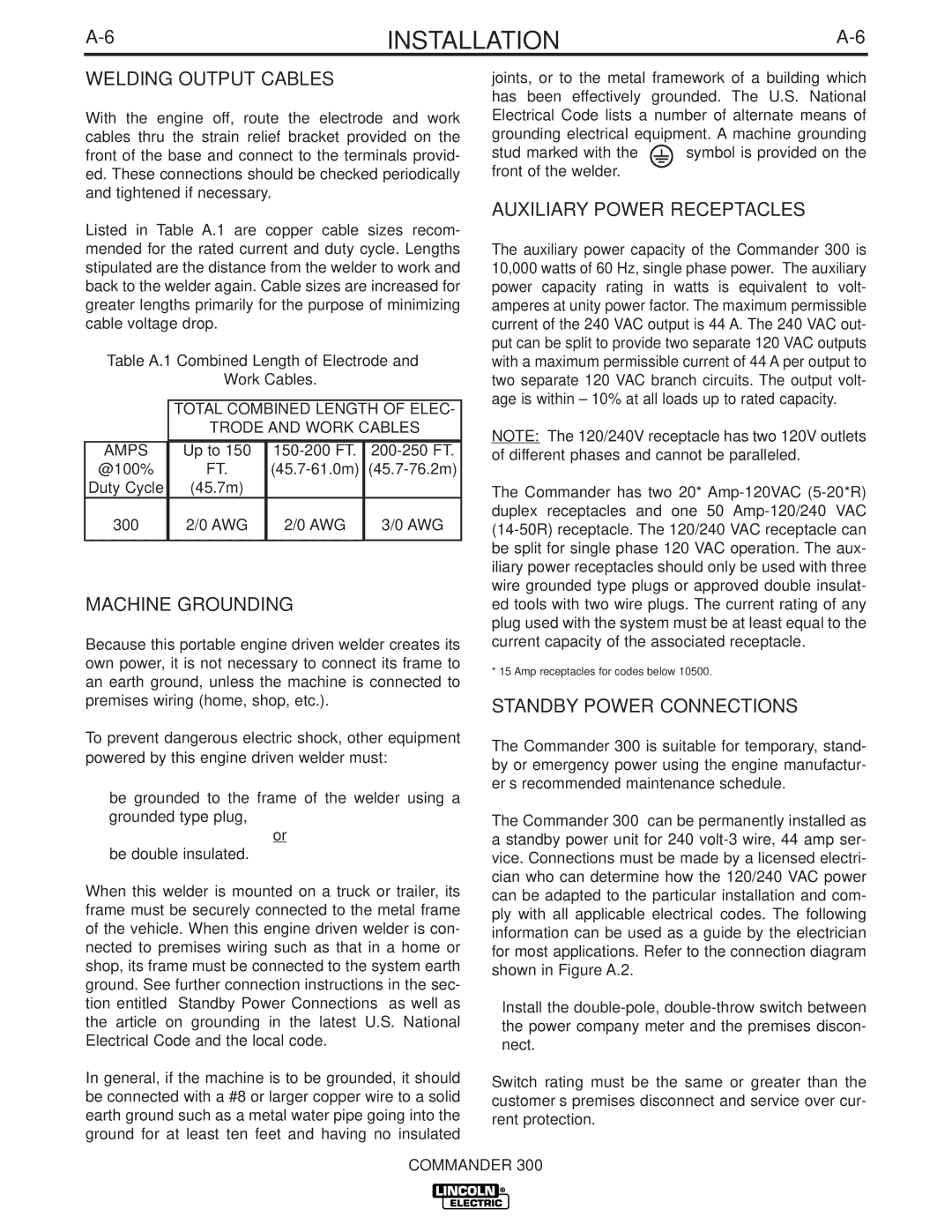 Lincoln Electric IM700-D Welding Output Cables, Machine Grounding, Auxiliary Power Receptacles, Standby Power Connections 