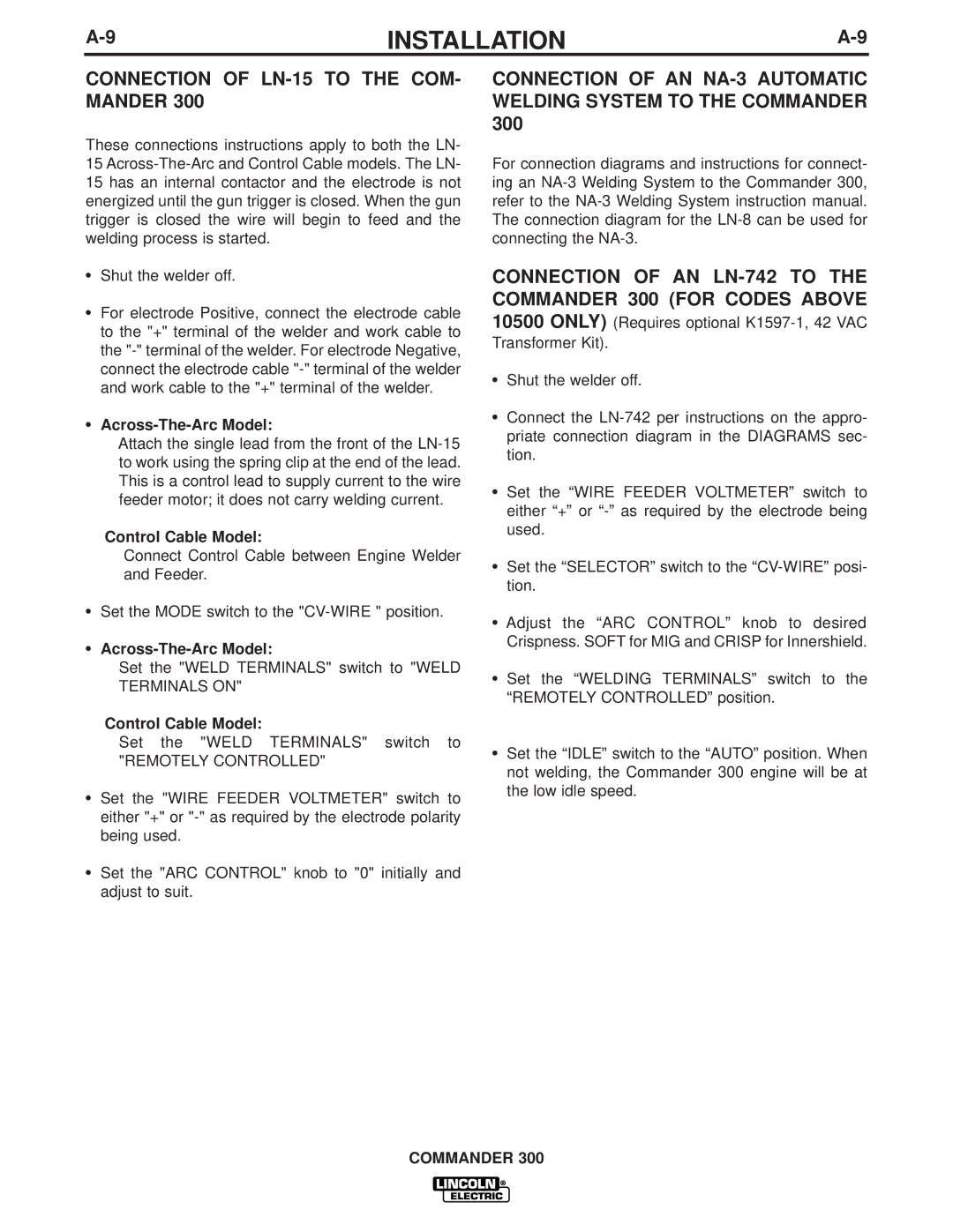 Lincoln Electric IM700-D manual Connection of LN-15 to the COM- Mander, Across-The-Arc Model, Control Cable Model 