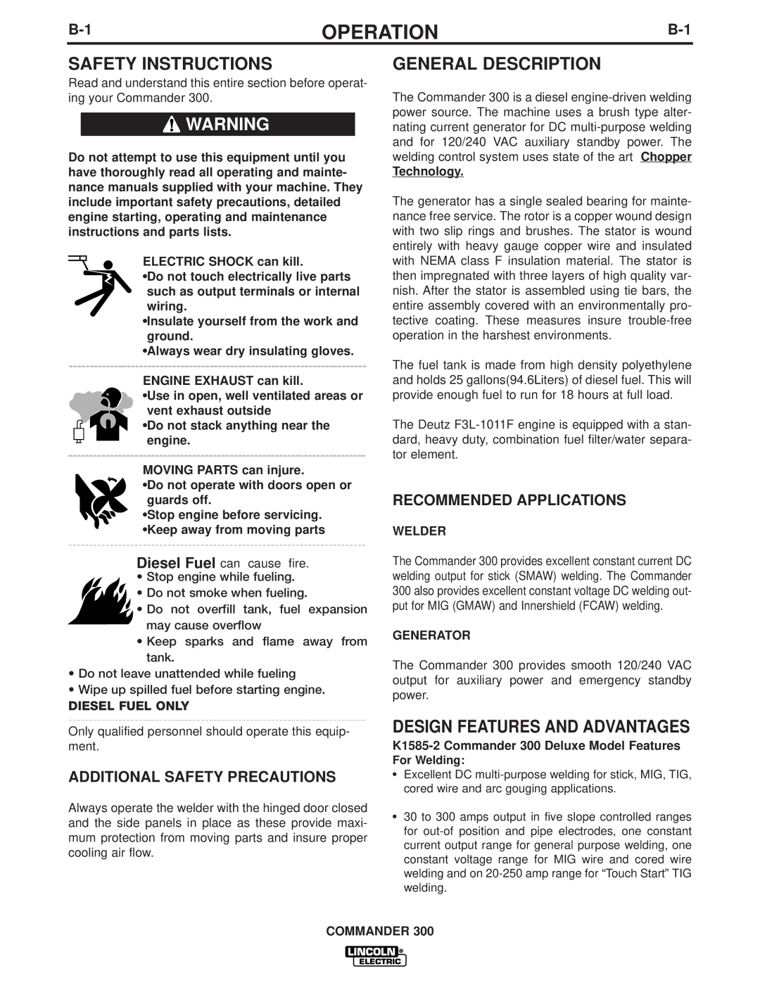 Lincoln Electric IM700-D manual Operation, Safety Instructions, General Description, Design Features and Advantages 