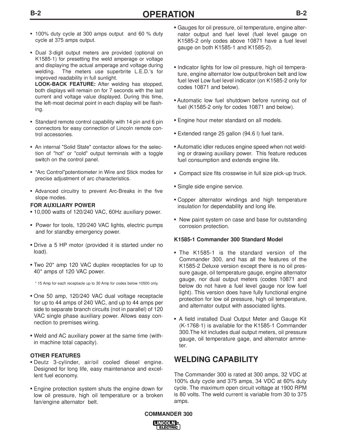 Lincoln Electric IM700-D Welding Capability, For Auxiliary Power, Other Features, K1585-1 Commander 300 Standard Model 