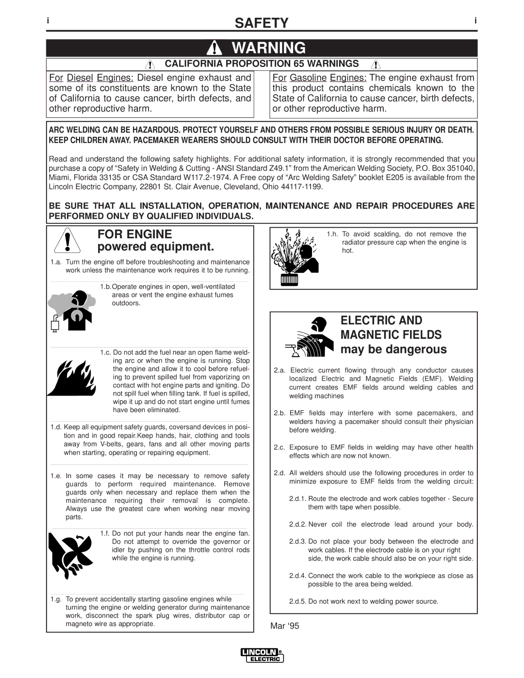 Lincoln Electric IM700-D manual Safety, California Proposition 65 Warnings 