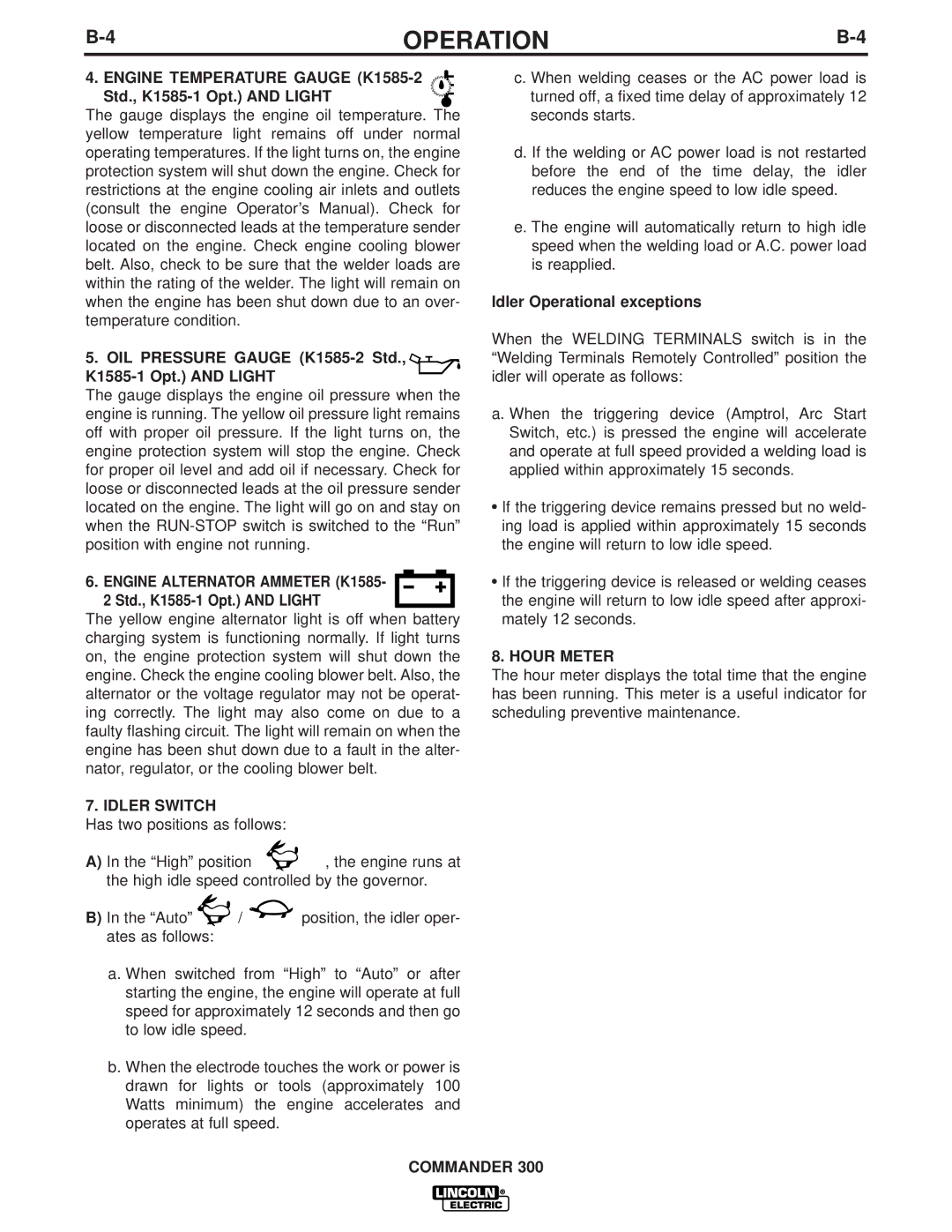 Lincoln Electric IM700-D manual Engine Alternator Ammeter K1585, Idler Switch, Hour Meter 