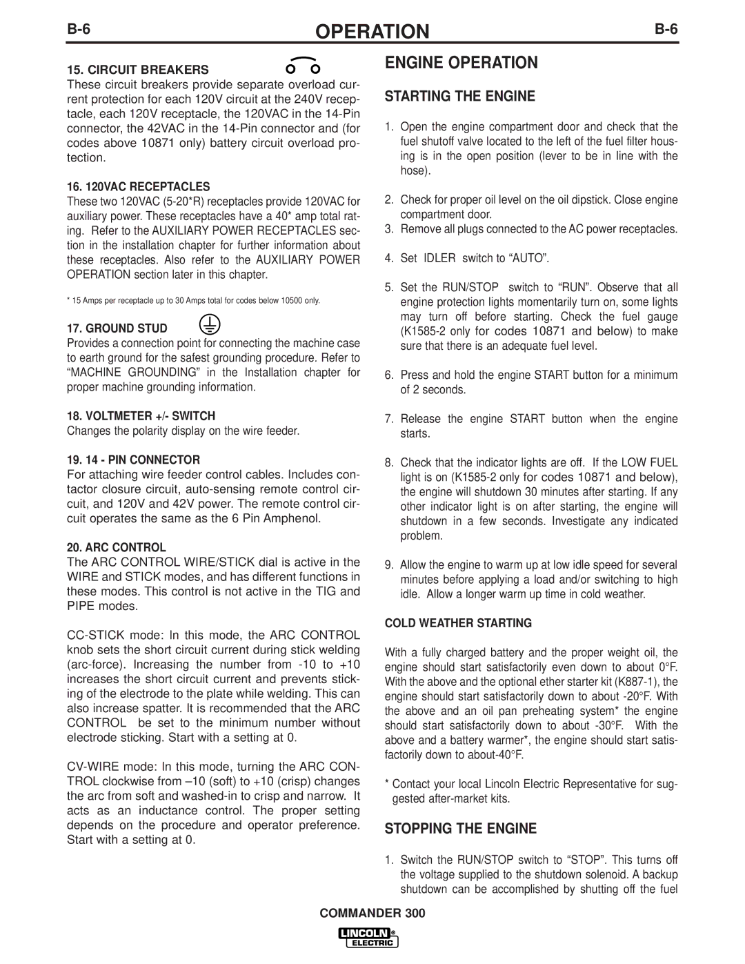 Lincoln Electric IM700-D manual Engine Operation, Starting the Engine, Stopping the Engine 