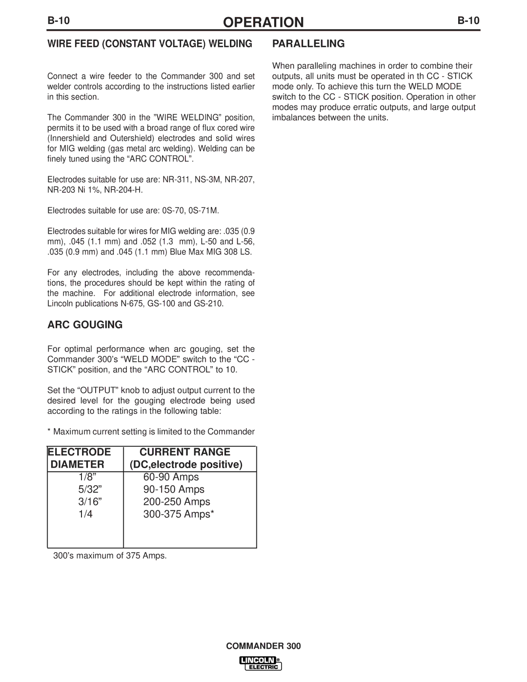 Lincoln Electric IM700-D manual ARC Gouging, Electrode Current Range Diameter, Paralleling 