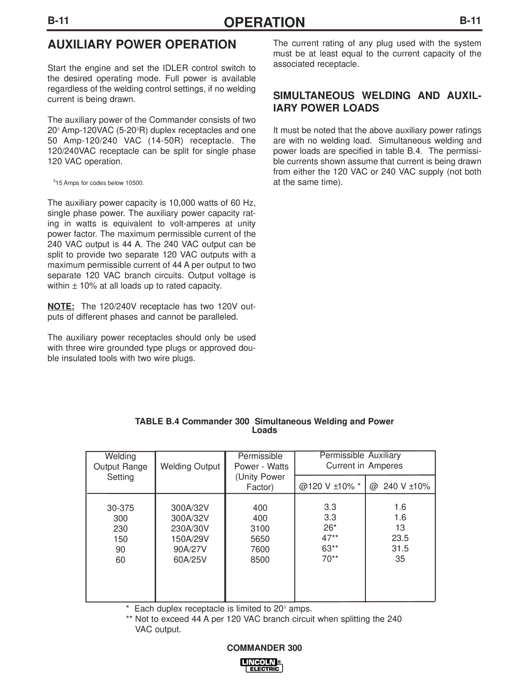 Lincoln Electric IM700-D manual Auxiliary Power Operation, Simultaneous Welding and AUXIL- Iary Power Loads 