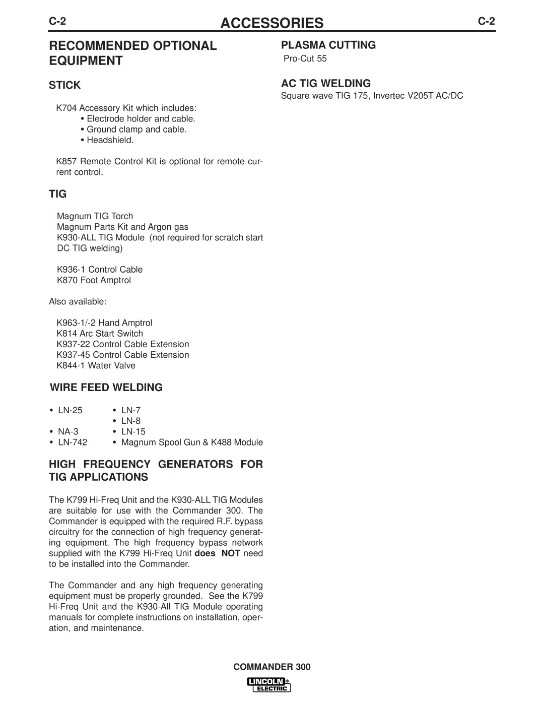 Lincoln Electric IM700-D manual Recommended Optional Equipment 